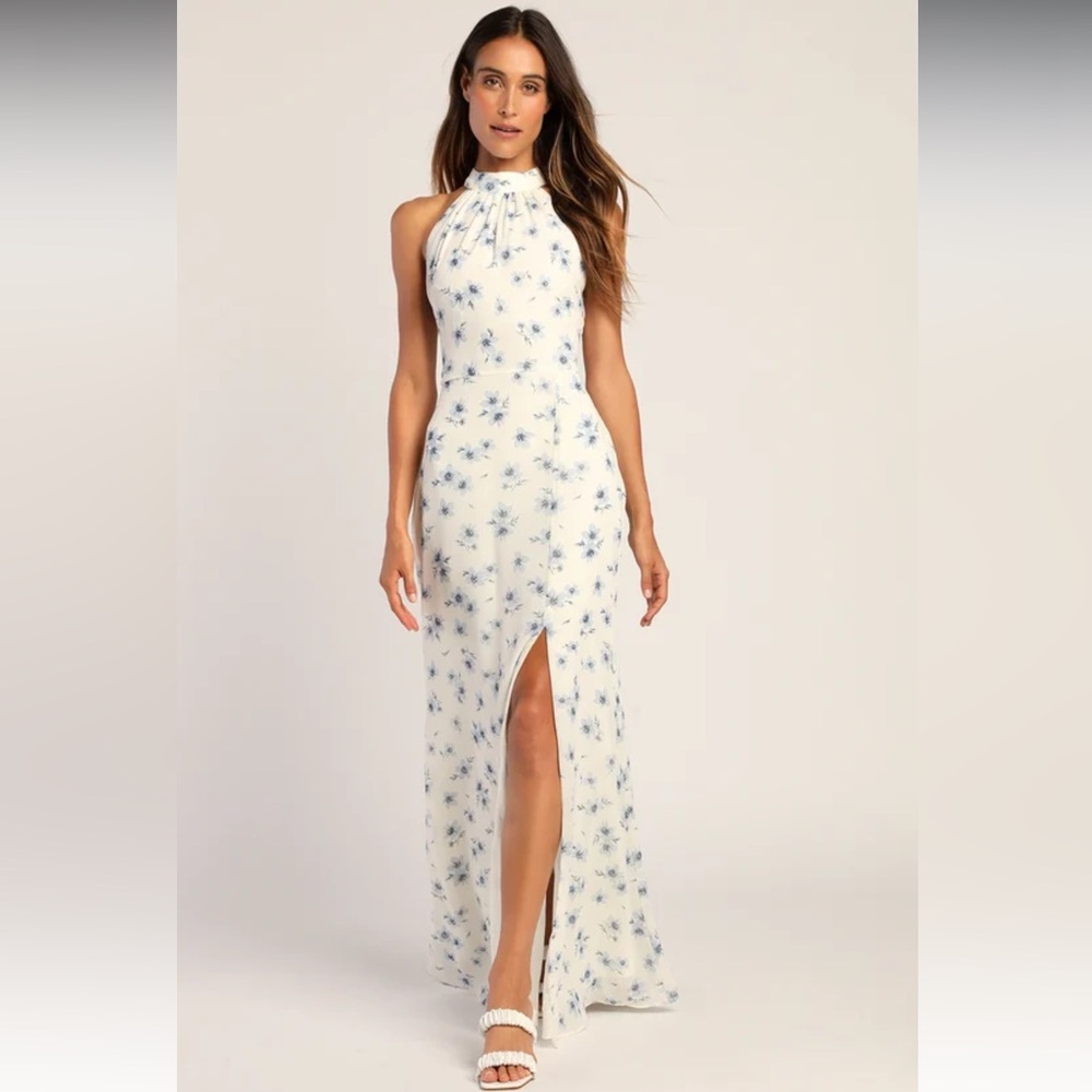Lulu's A Perfect Dream White Floral Print Sleeveless Halter Maxi Dress